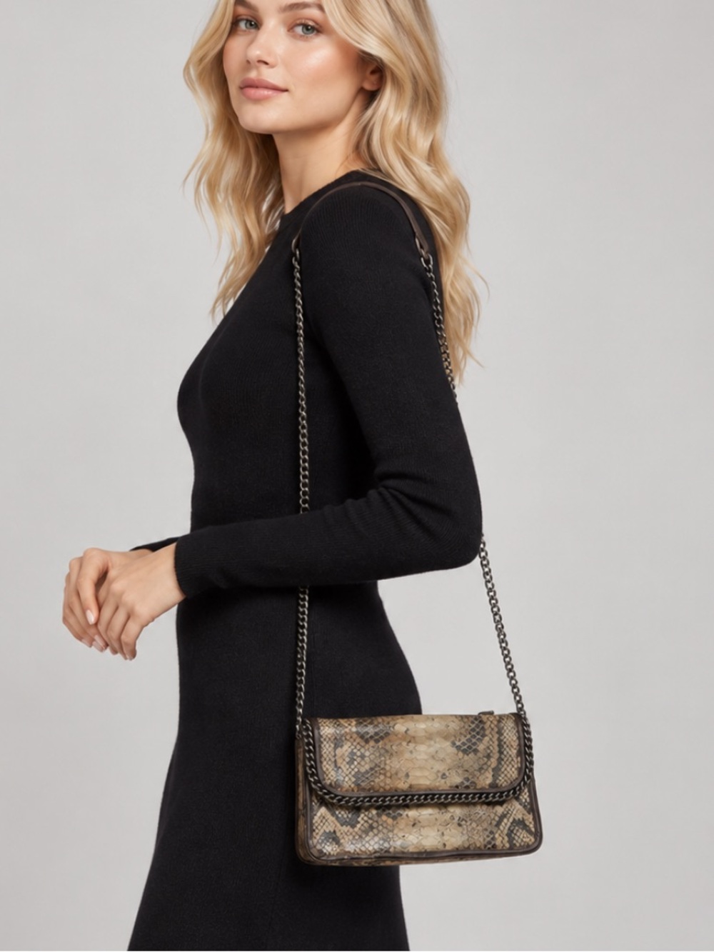 Henri Bendel Python Snakeskin Print Chain Crossbody Shoulder Bag 34081